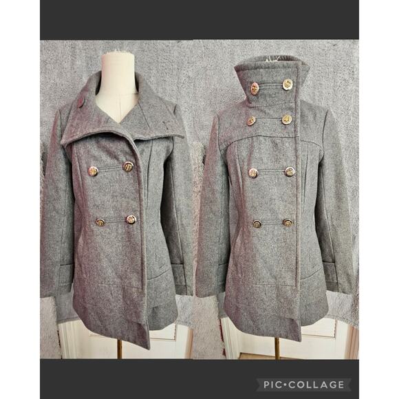 Black Rivet Wool Double Breasted Pea Coat Military Long Line Grey Small 2 4 6‎ - Picture 1 of 7